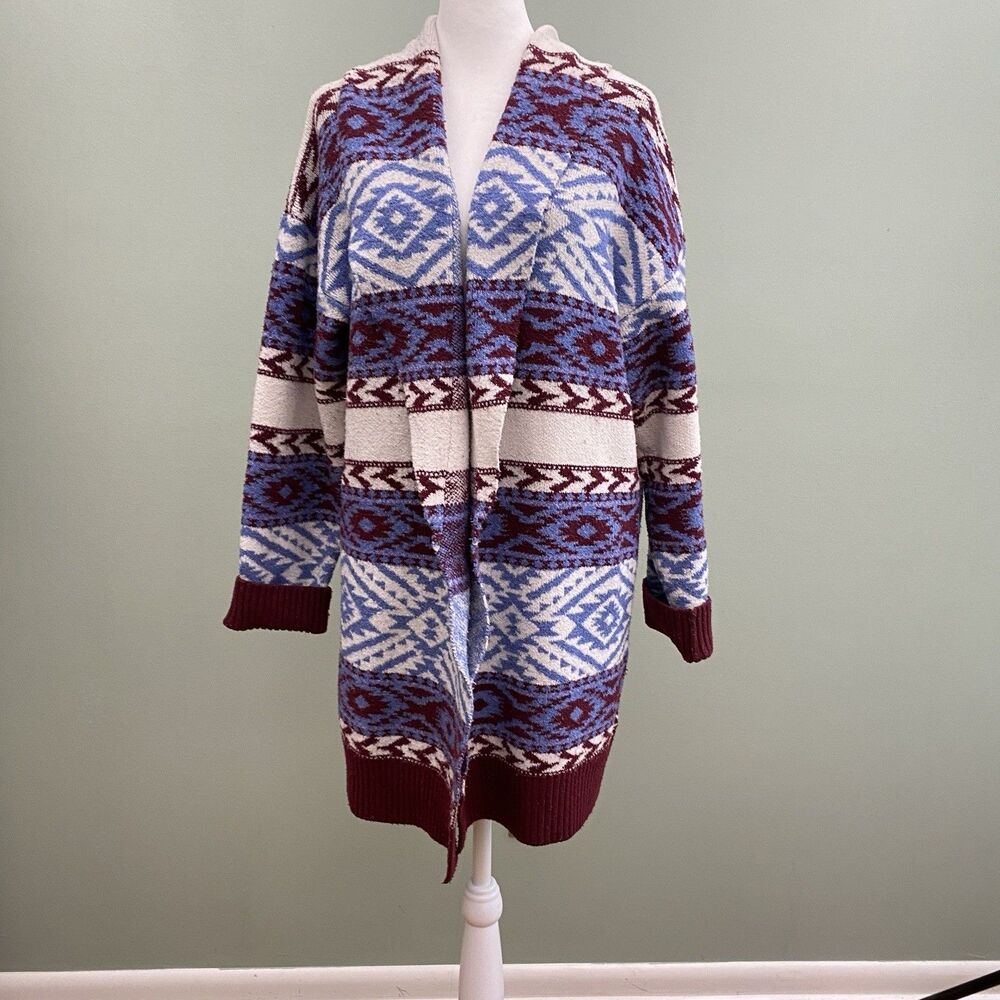 Forever 21 Cardigan Sweater Womens Large Blue Cozy Open Aztec Duster